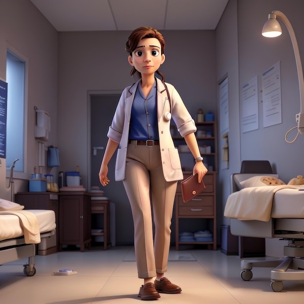 A cartoon character with a doctor in a hospital room.