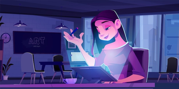 Happy woman work with tablet in office at night vector cartoon background Student designer character enjoy drawing project and late time on workspace Cityscape from window at company workplace