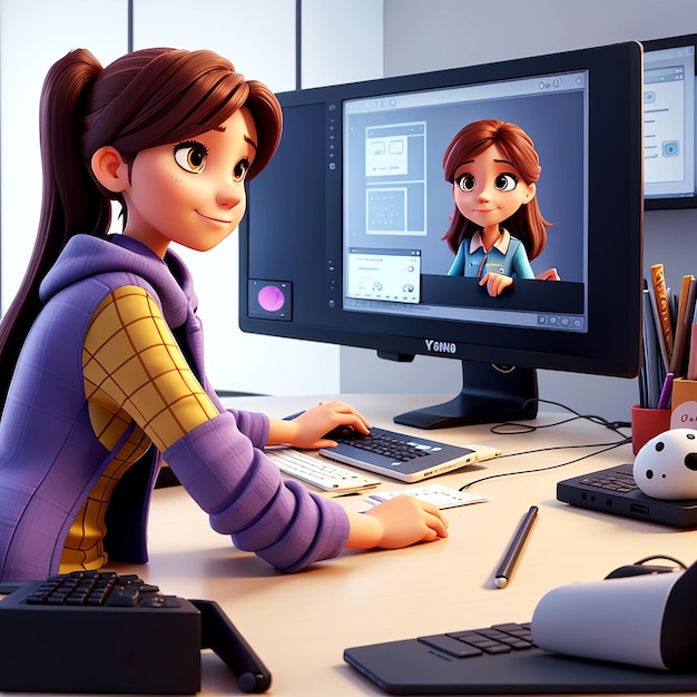 Photo anime style young woman editing video 3d character illustration