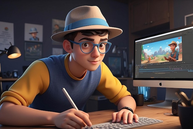 Young Man in Hat Editing Video 3D Character Illustration